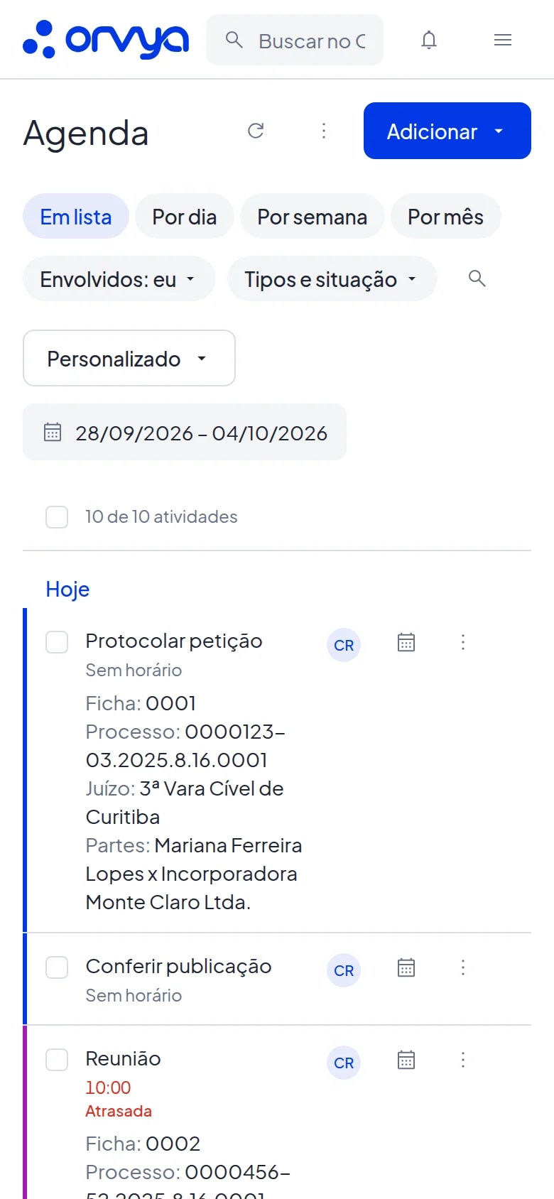 Agenda em lista no celular, com os botões Reagendar e Mais ações em cada linha