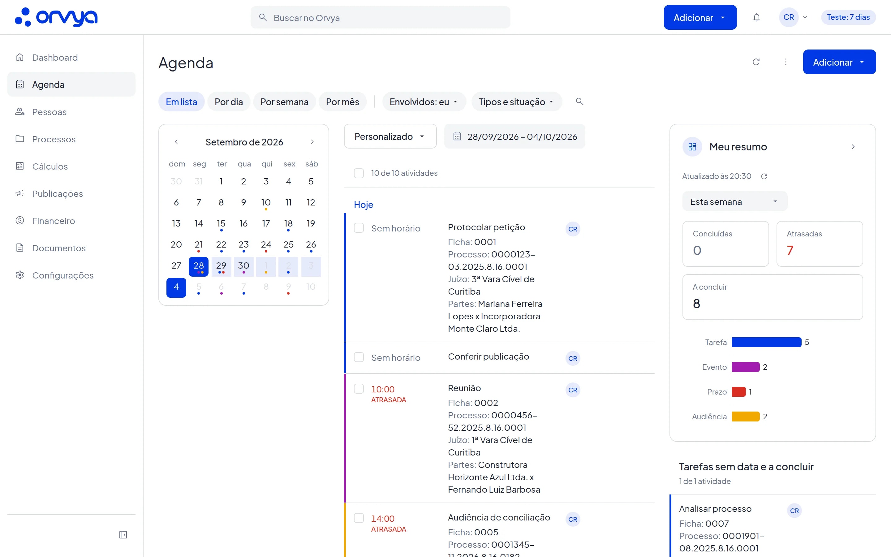 Agenda na visão Em lista, com o painel Meu resumo à direita