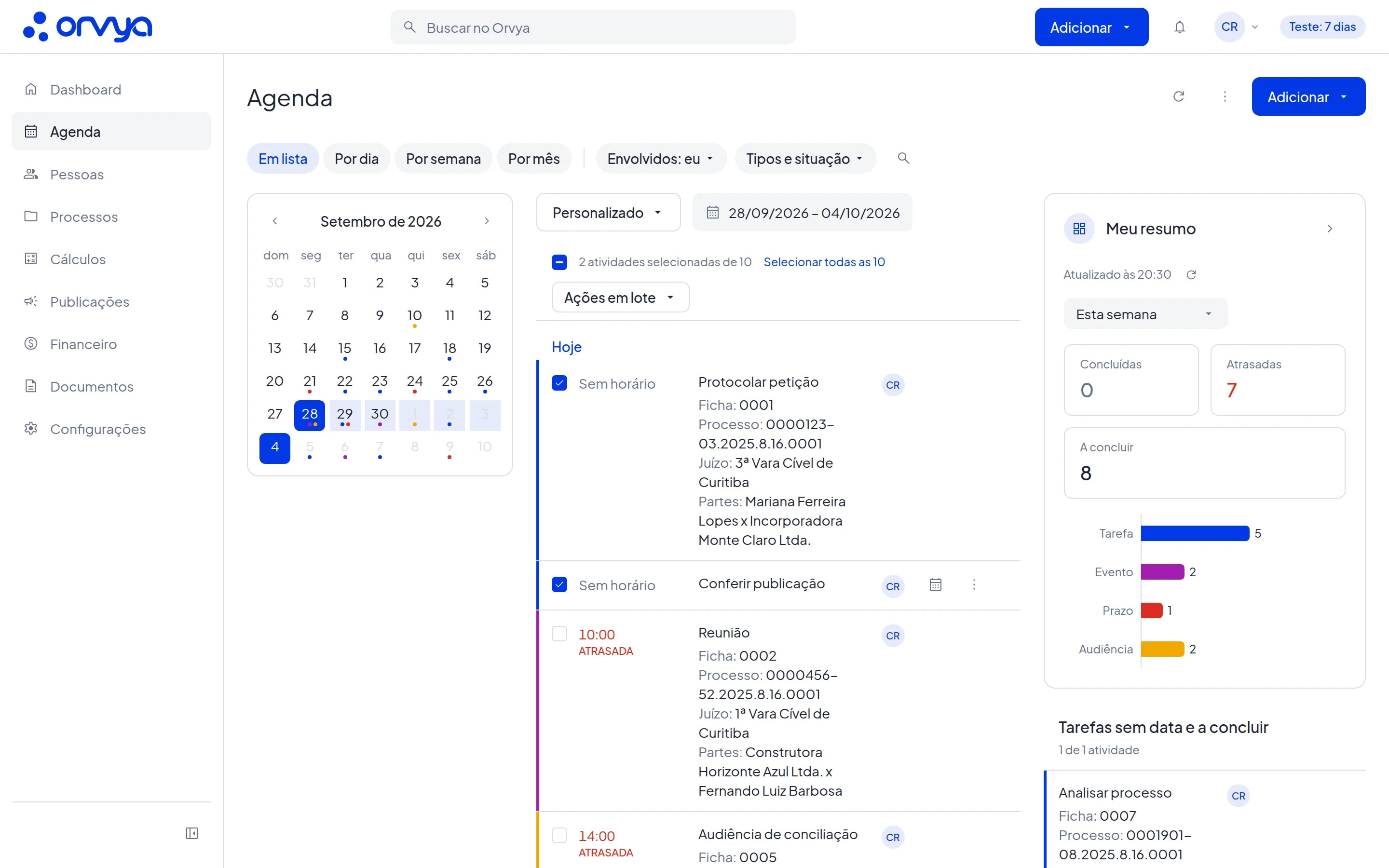 Agenda em lista com duas atividades marcadas e o botão Ações em lote