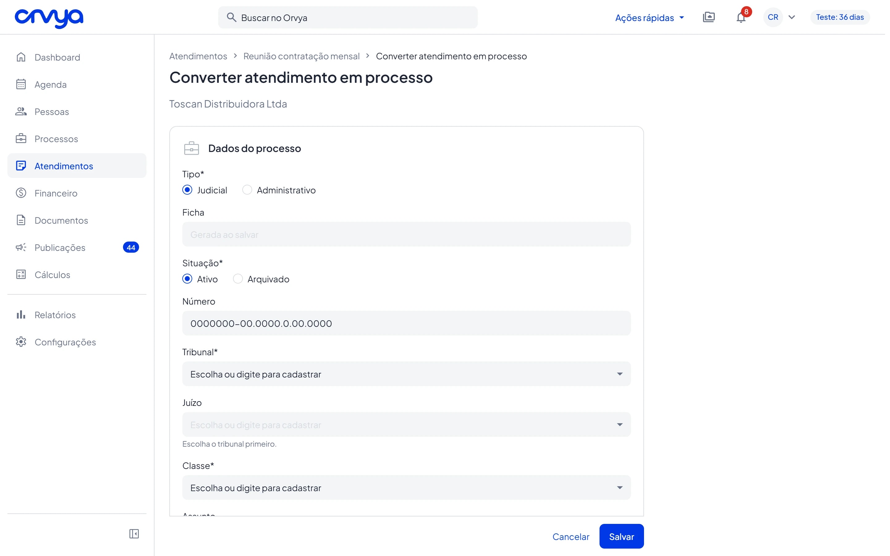 Página Converter atendimento em processo