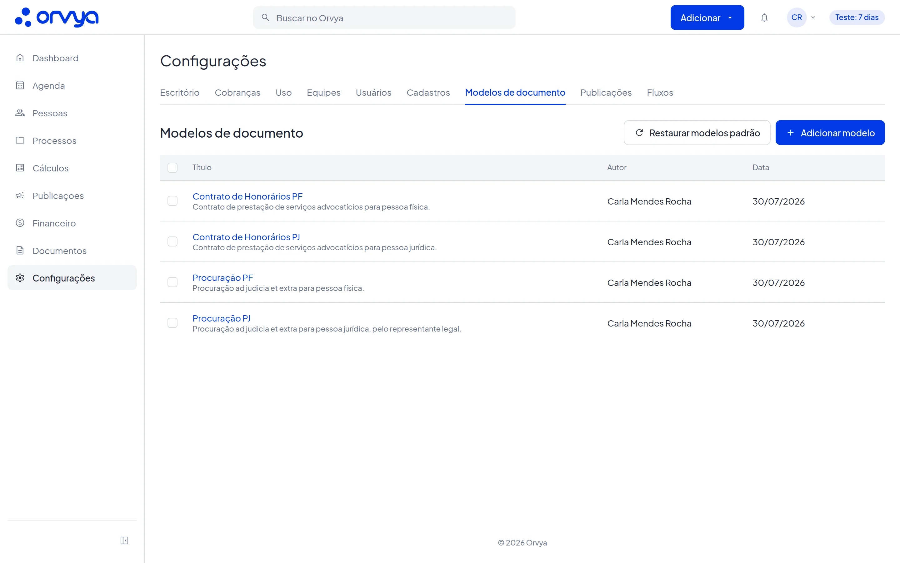 Aba Modelos de documento das Configurações