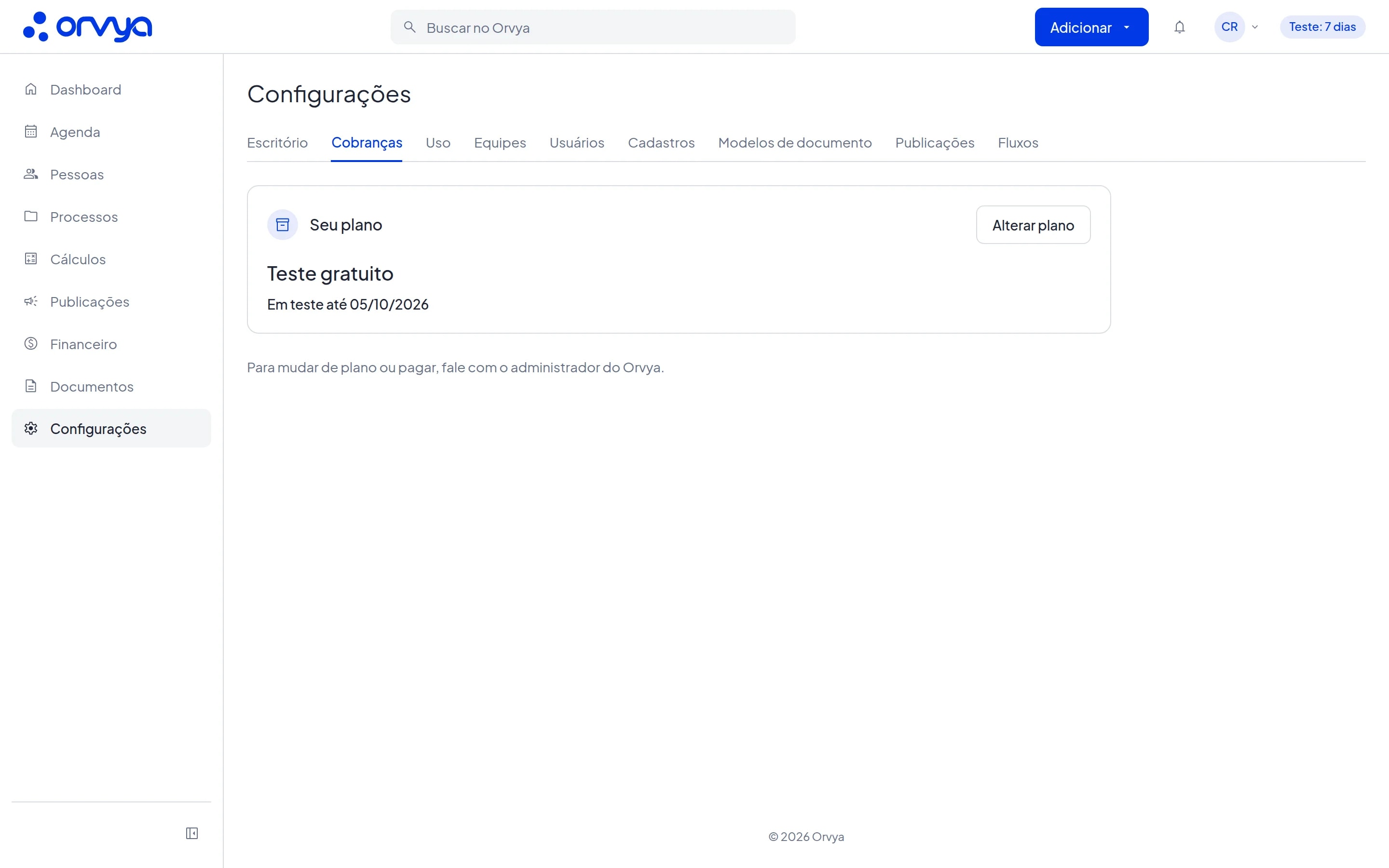 Aba Cobranças com o card Seu plano e o texto para falar com o administrador do Orvya