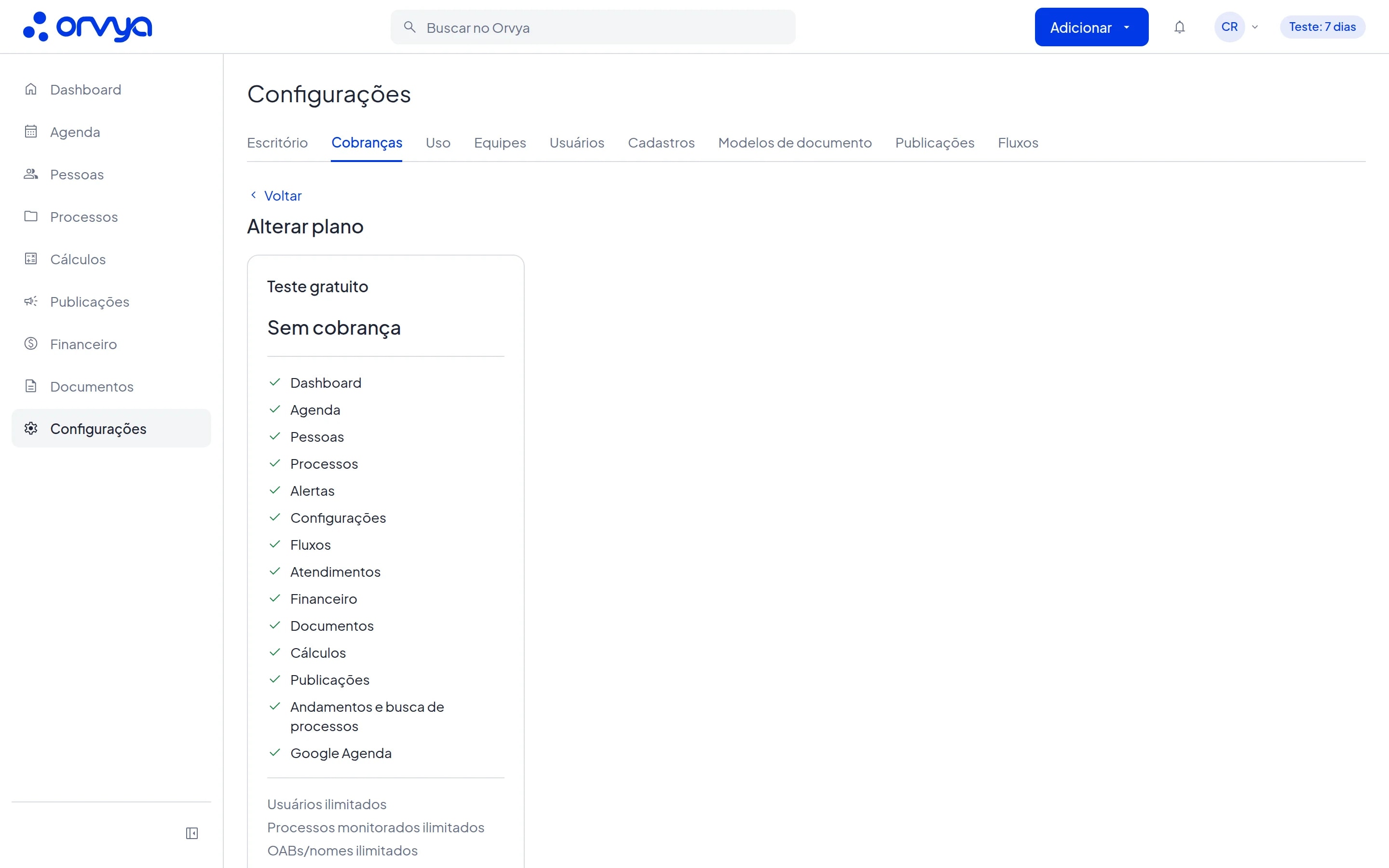 Página Alterar plano com o card do plano Teste gratuito