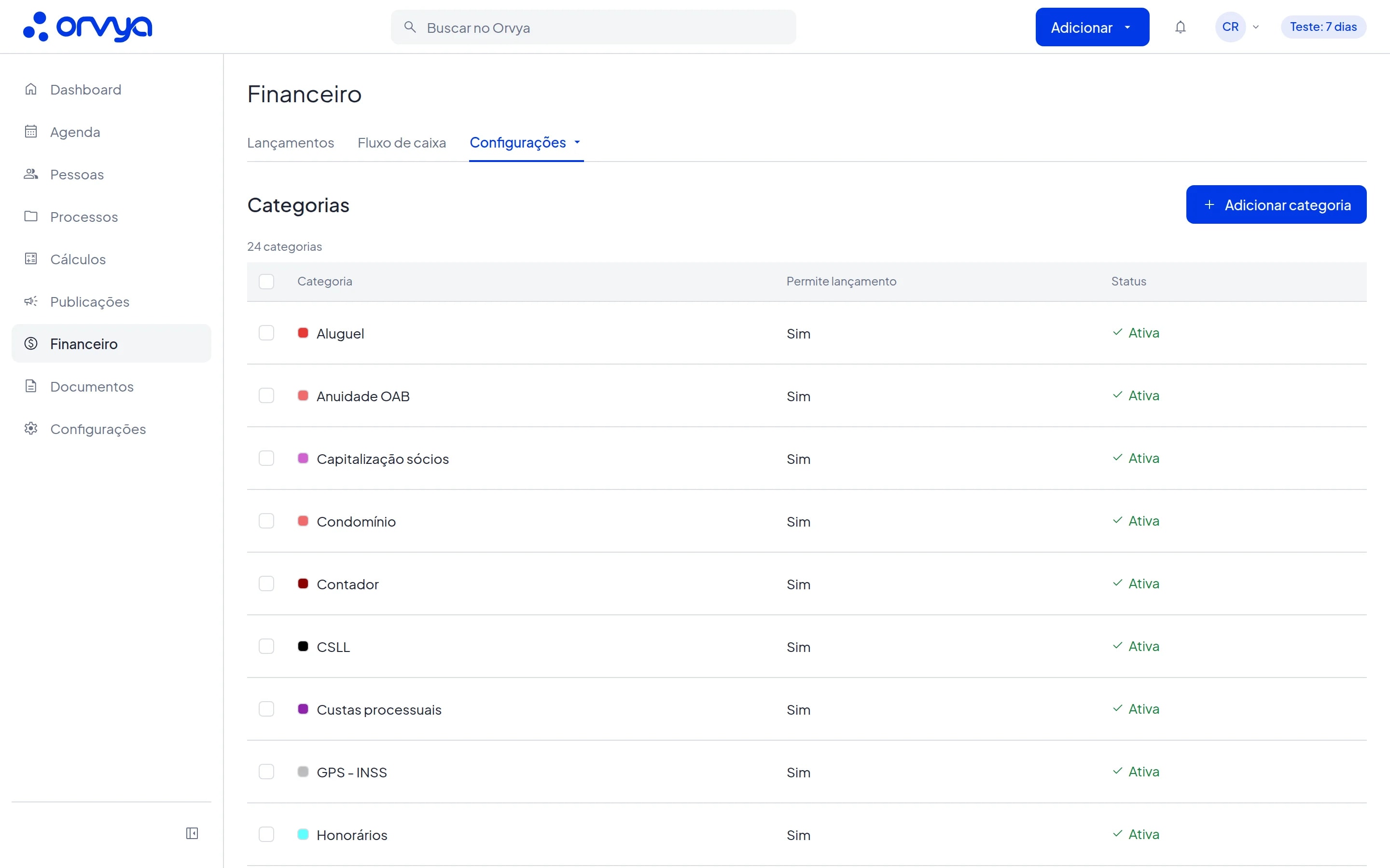 Lista de categorias do Financeiro