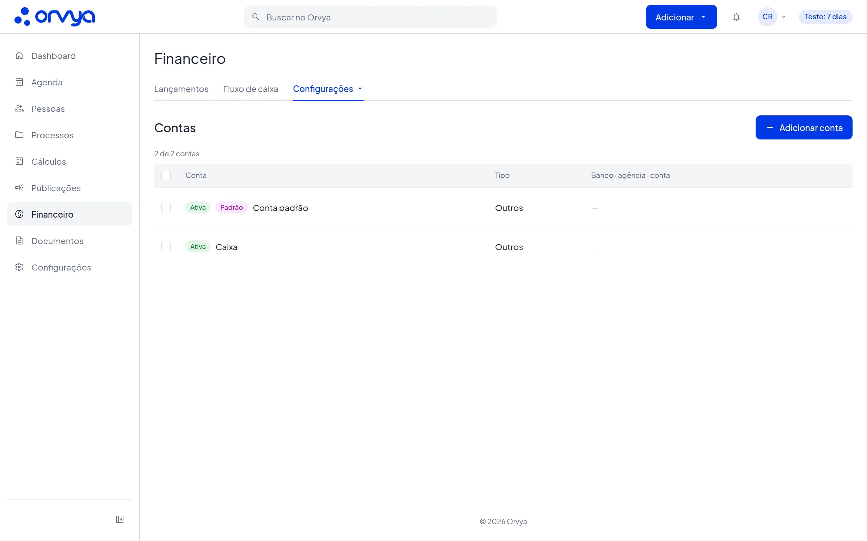 Lista de contas do Financeiro