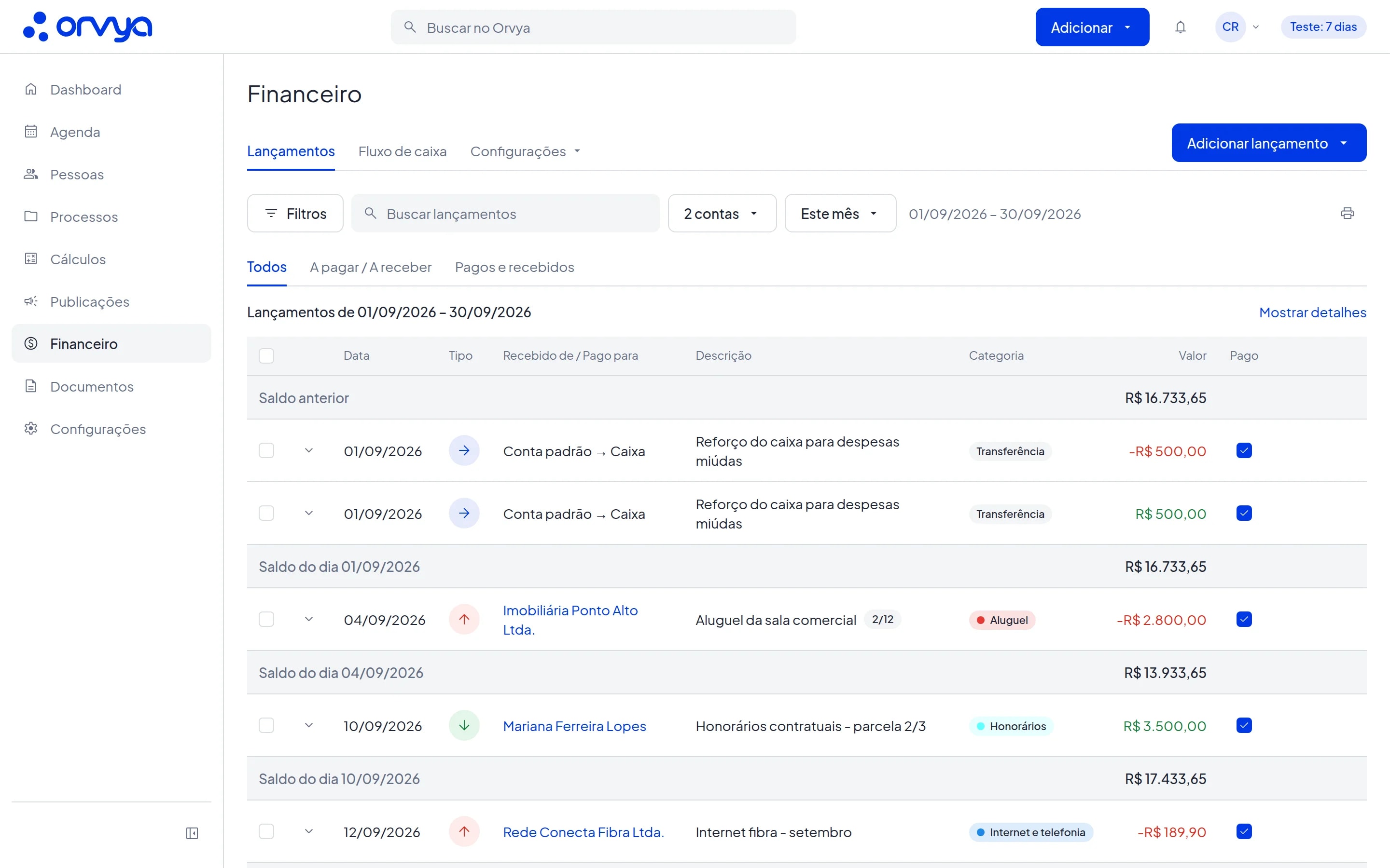 Lançamentos financeiros no Orvya