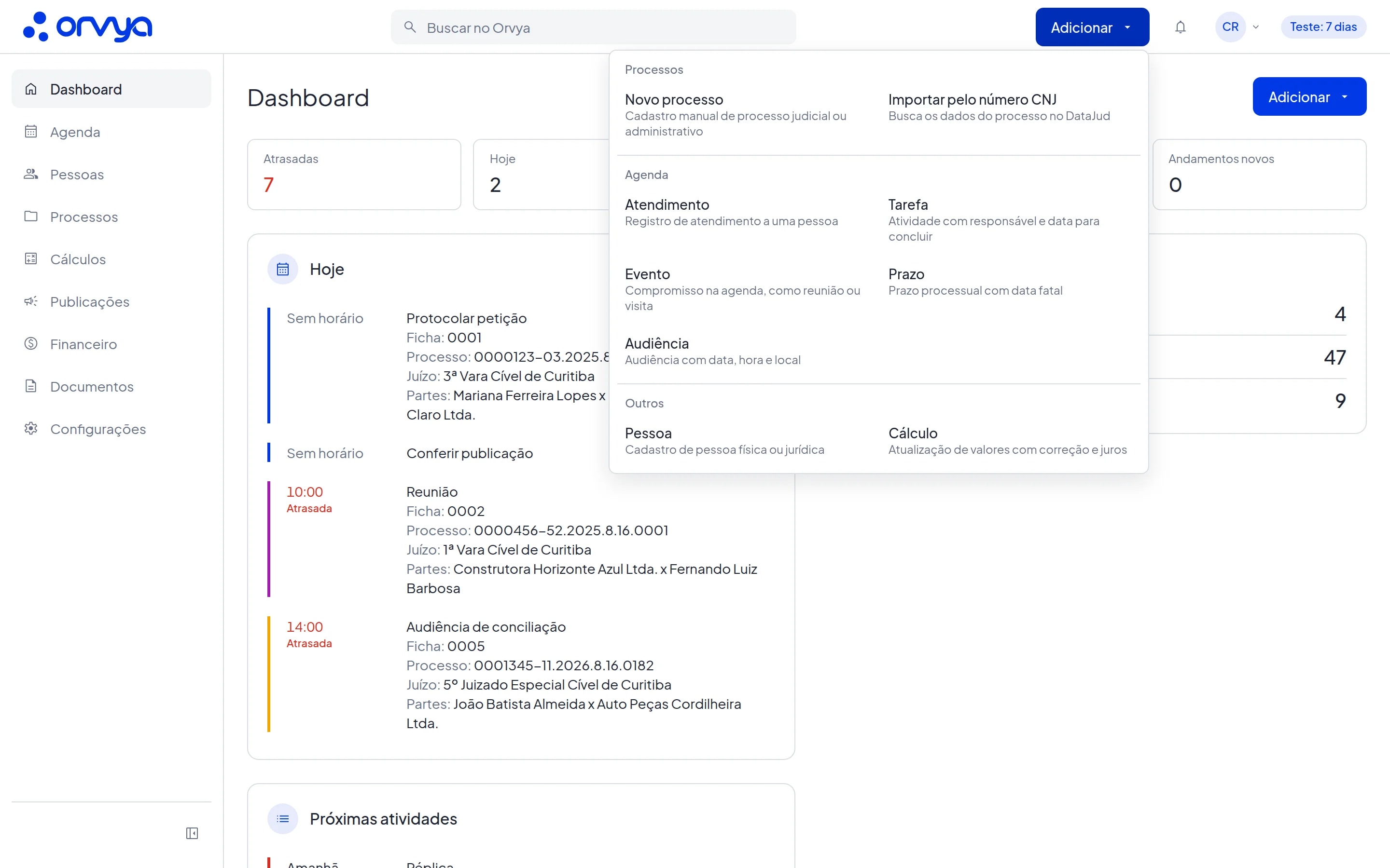 Menu Ações rápidas do cabeçalho aberto com os grupos Processos, Agenda e Outros