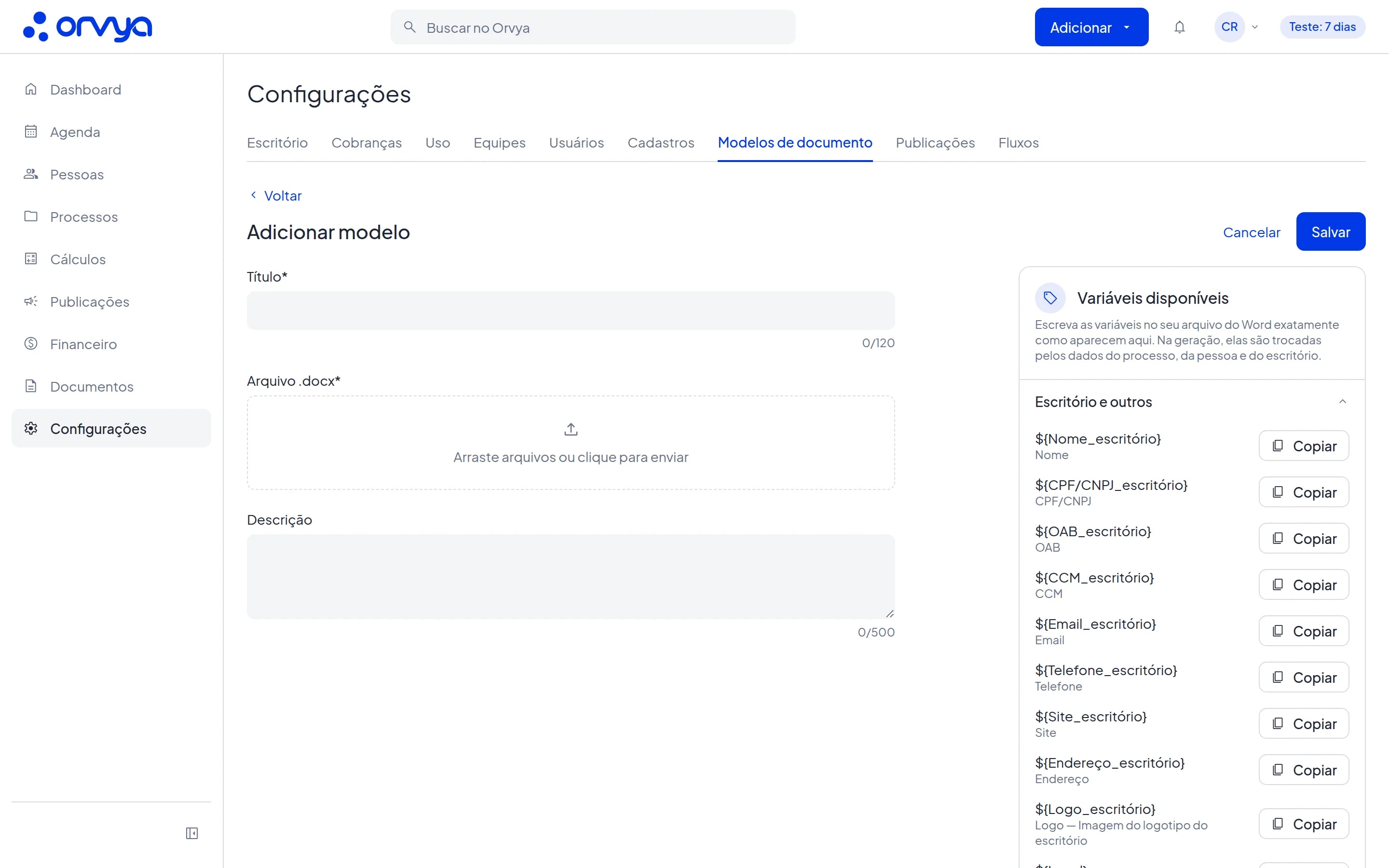 Página Adicionar modelo com o painel Variáveis disponíveis