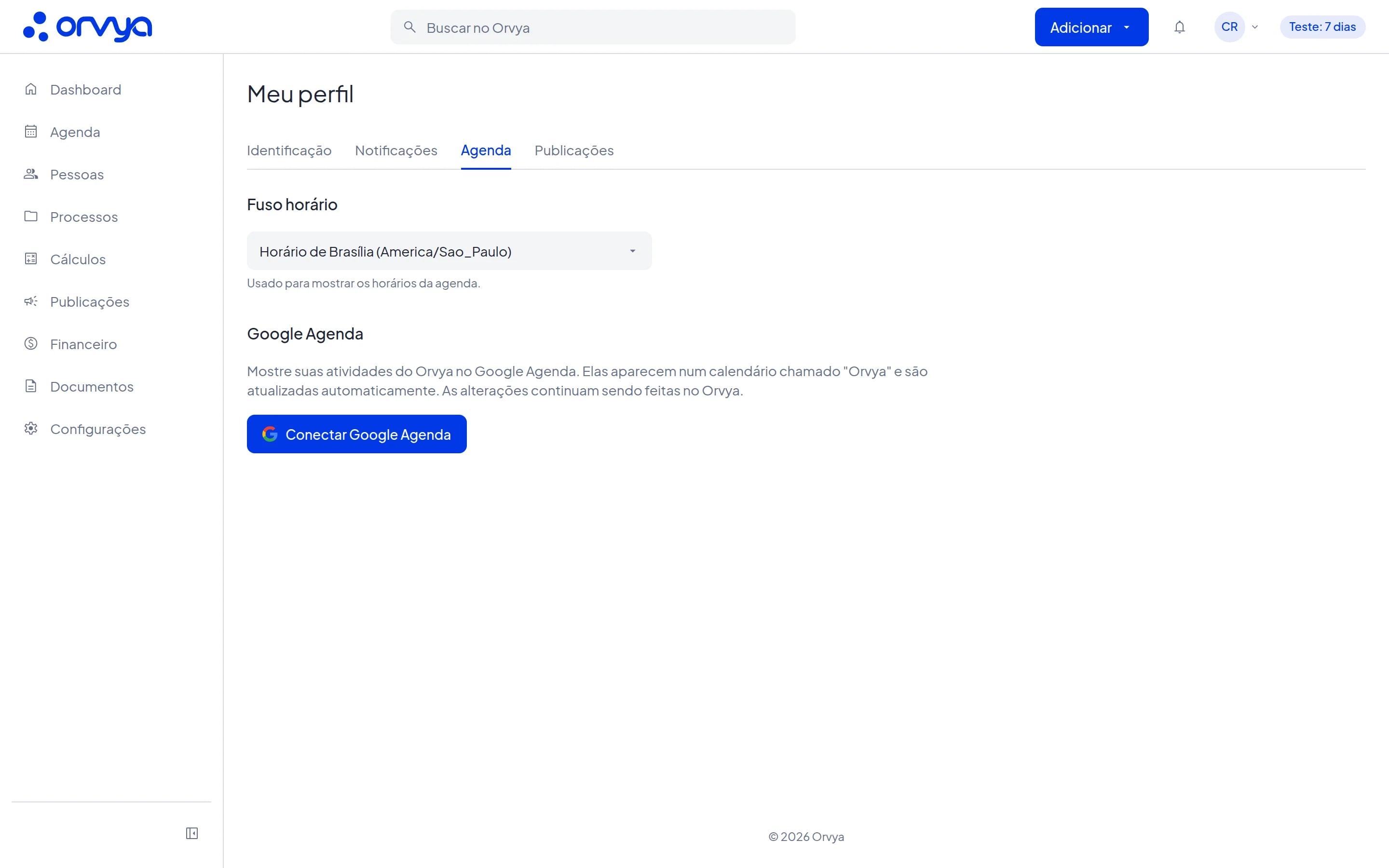 Aba Agenda de Meu perfil, com a conexão do Google Agenda