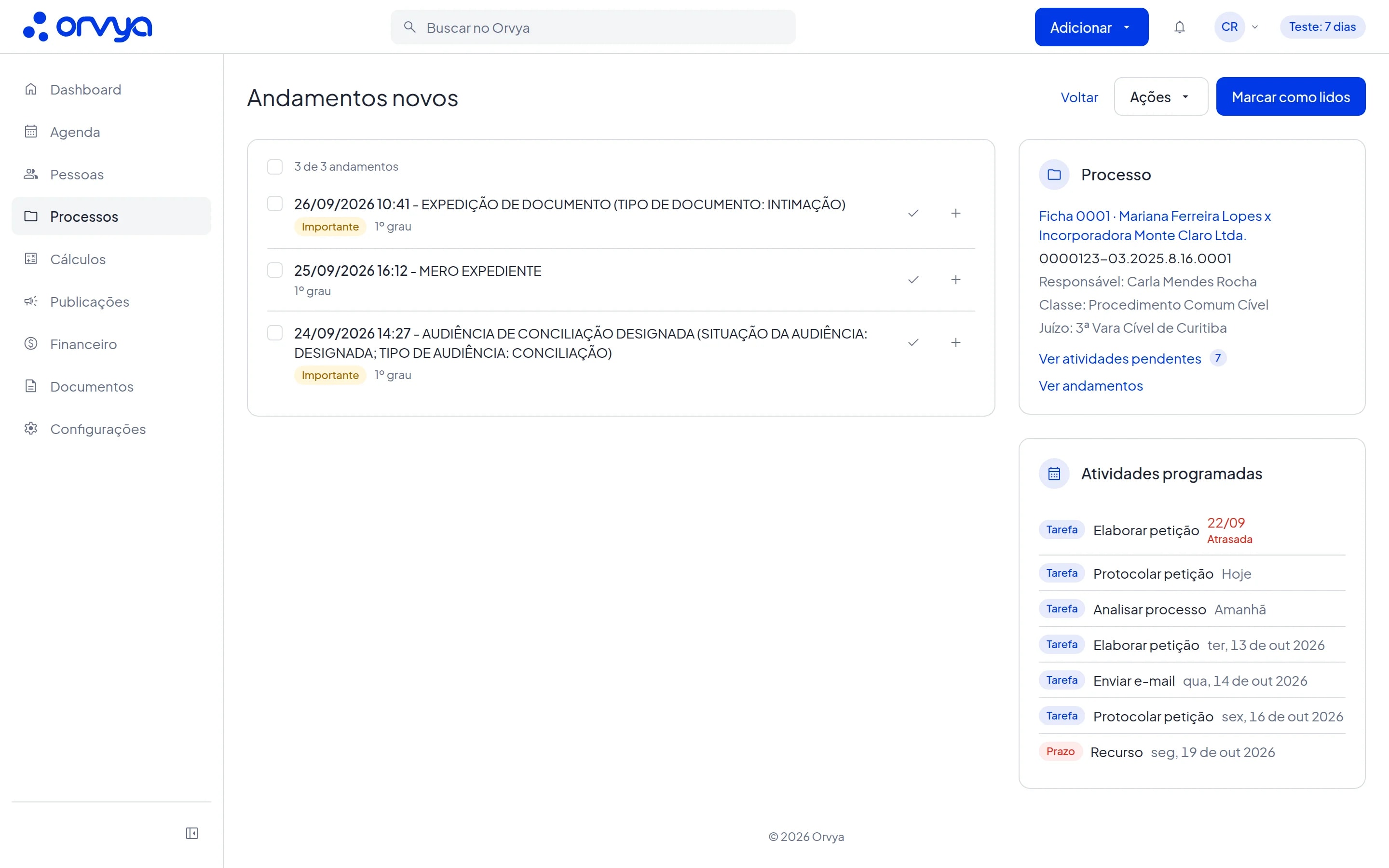 Página Andamentos novos com os andamentos não lidos e os cards Processo e Atividades programadas