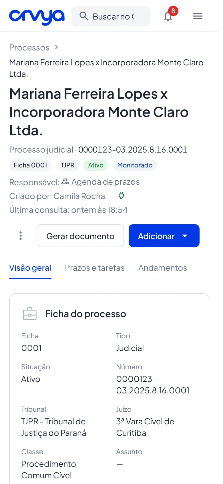 Página do processo no celular