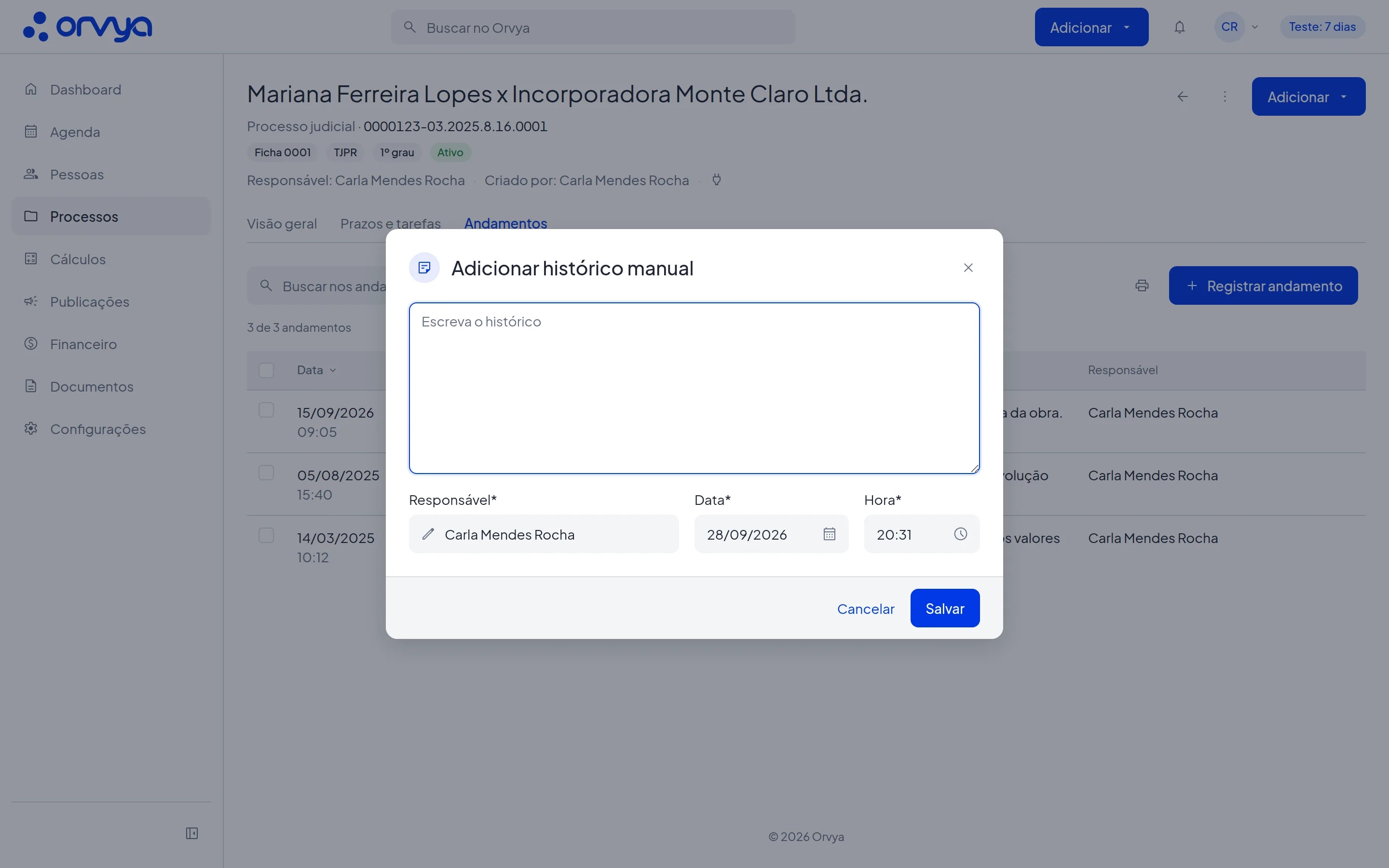 Modal Adicionar histórico manual aberto na aba Andamentos