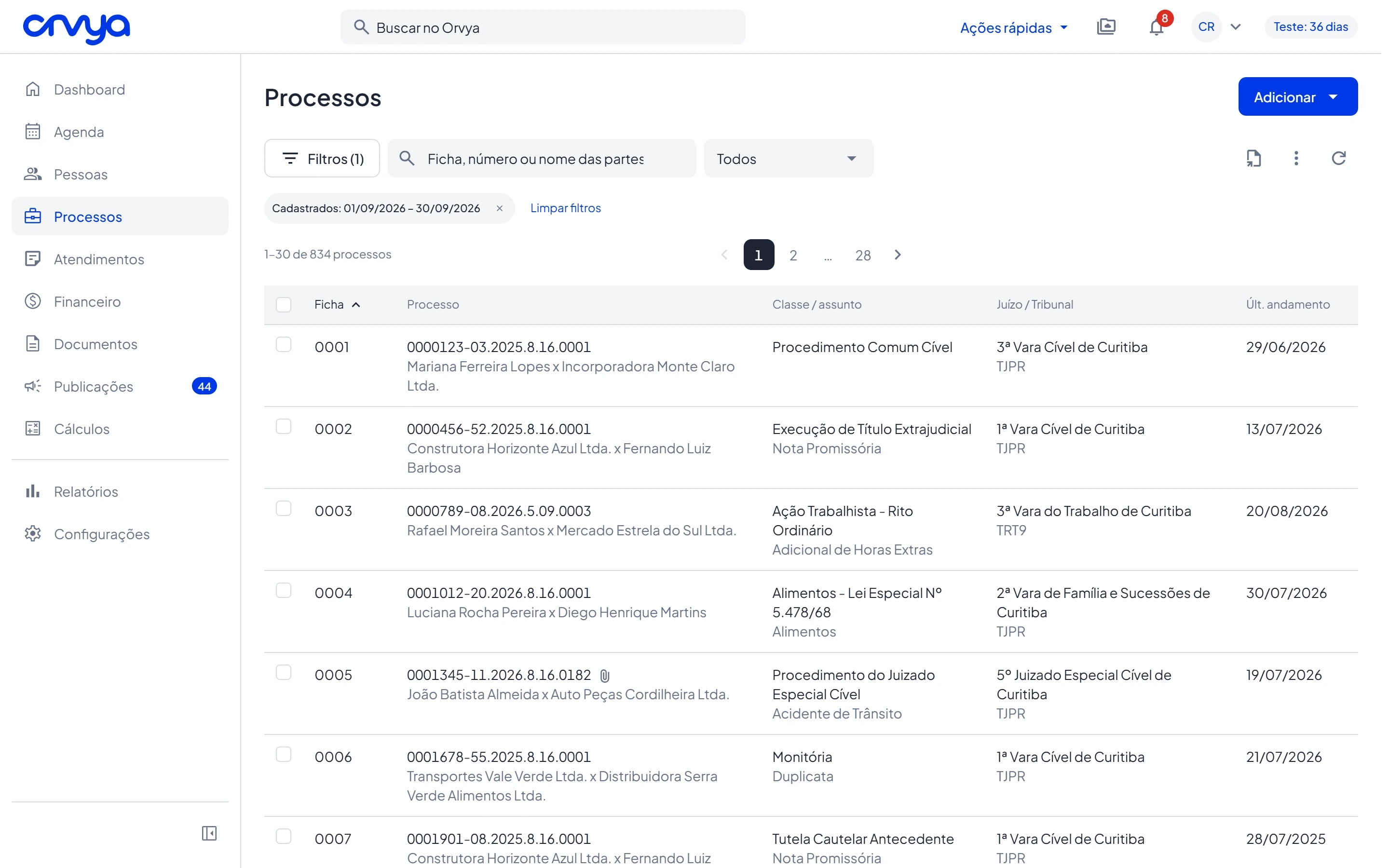 Lista de processos com busca, filtros e tabela