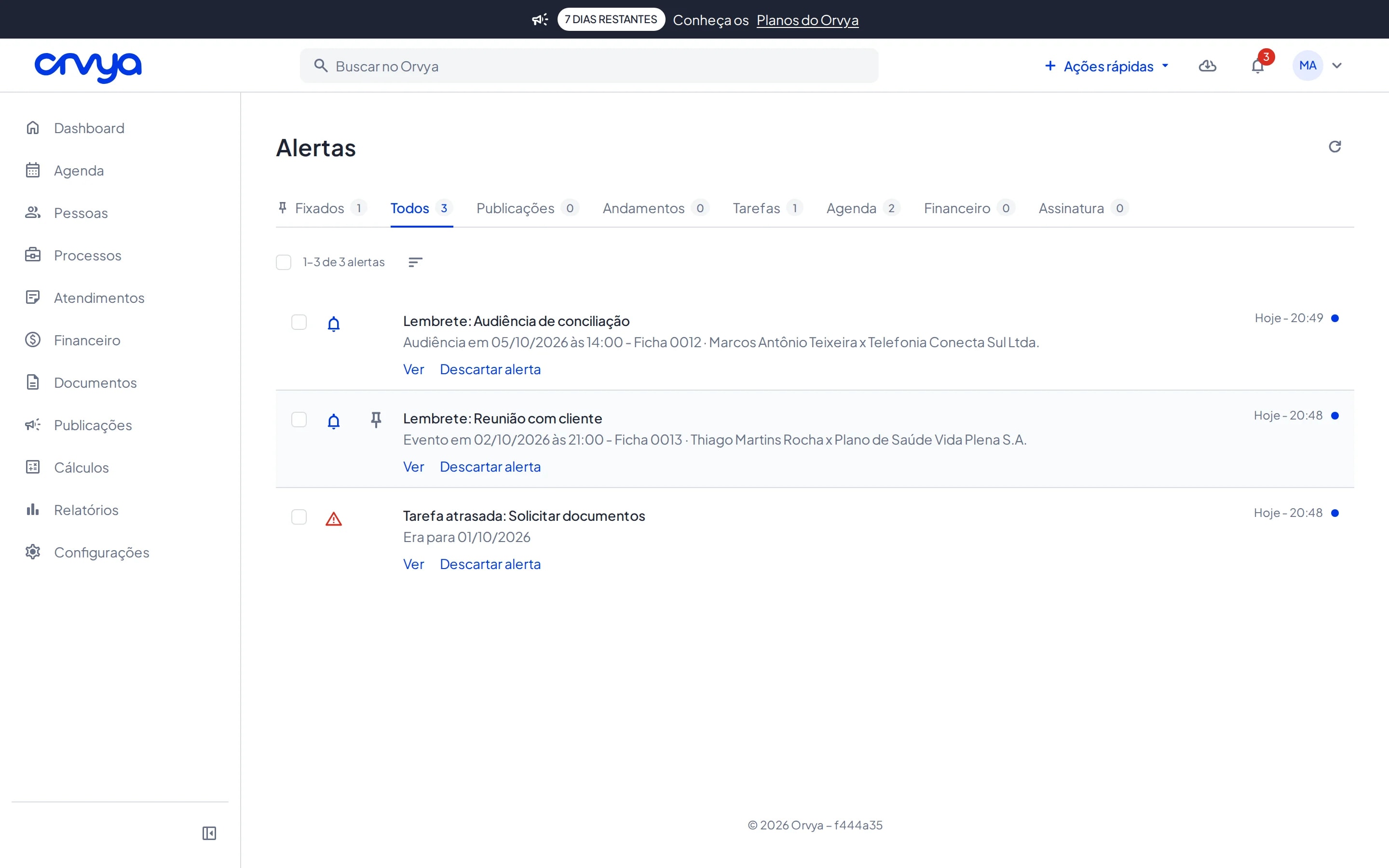 Página Alertas com as abas Fixados, Todos, Publicações, Andamentos, Tarefas e Agenda e a lista de alertas com Ver e Descartar alerta