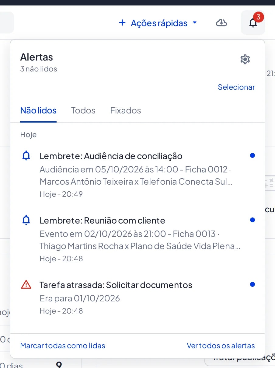 Prévia de alertas aberta abaixo do sino, com as abas Não lidos, Todos e Fixados e os links Marcar todas como lidas e Ver todos os alertas