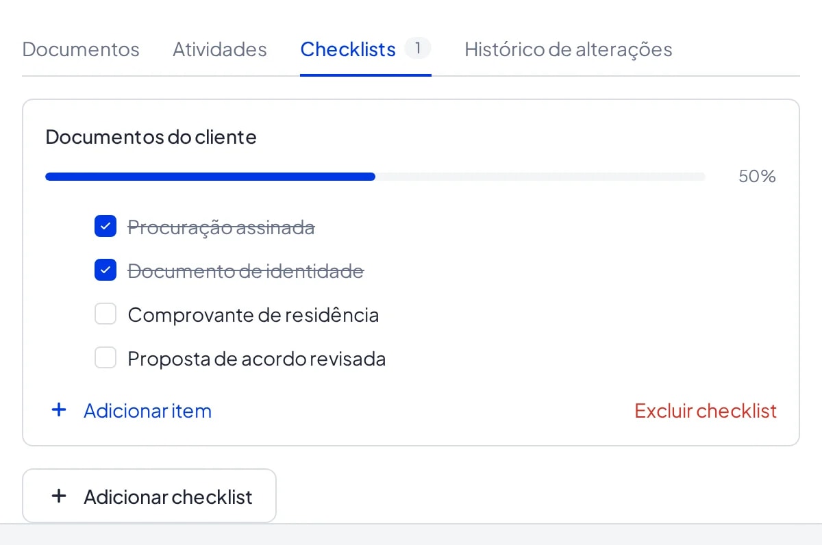 Aba Checklists com uma checklist, a barra de progresso, itens marcados e o link Adicionar item