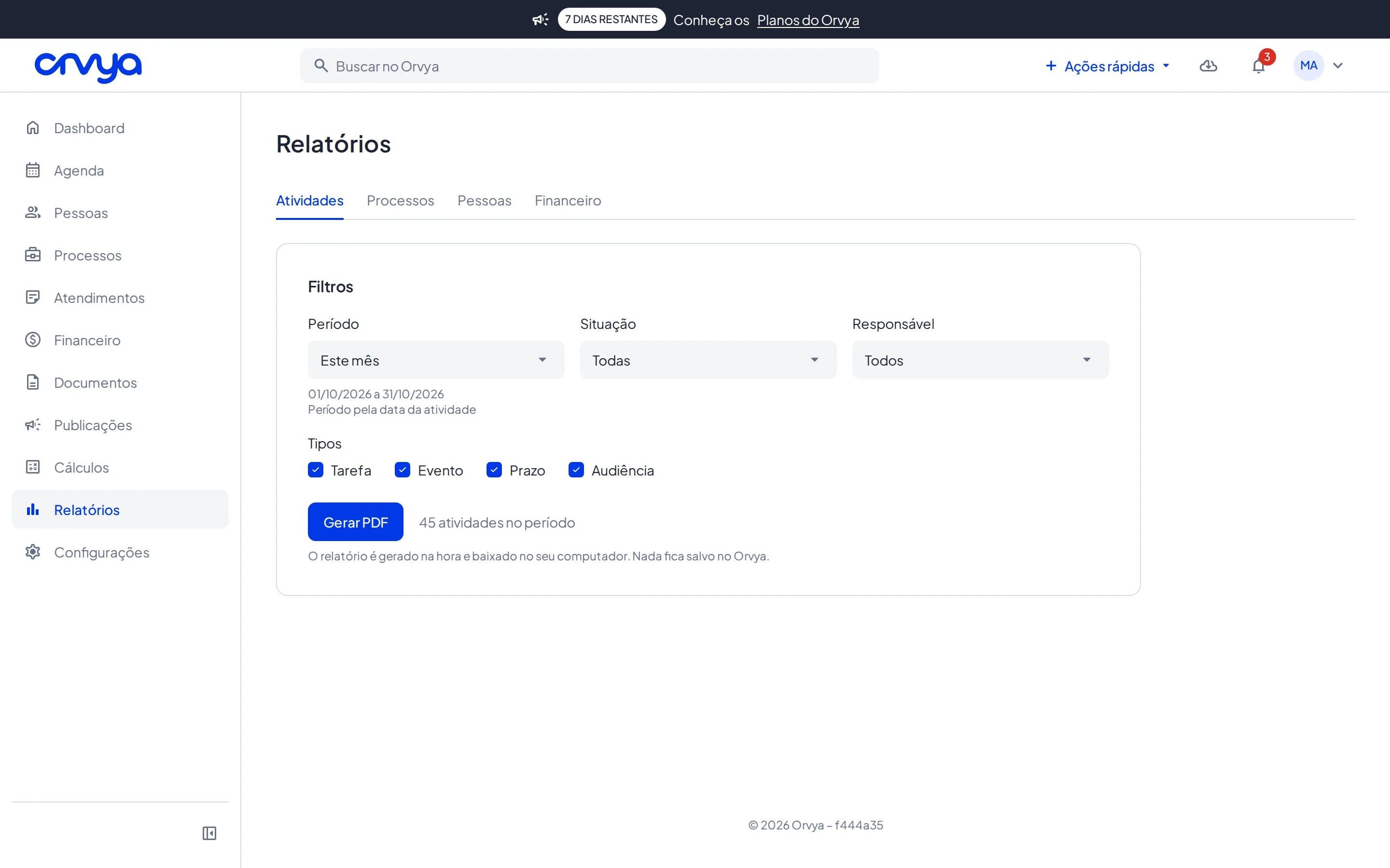 Página Relatórios com as abas Atividades, Processos, Pessoas e Financeiro, o card Filtros e o botão Gerar PDF