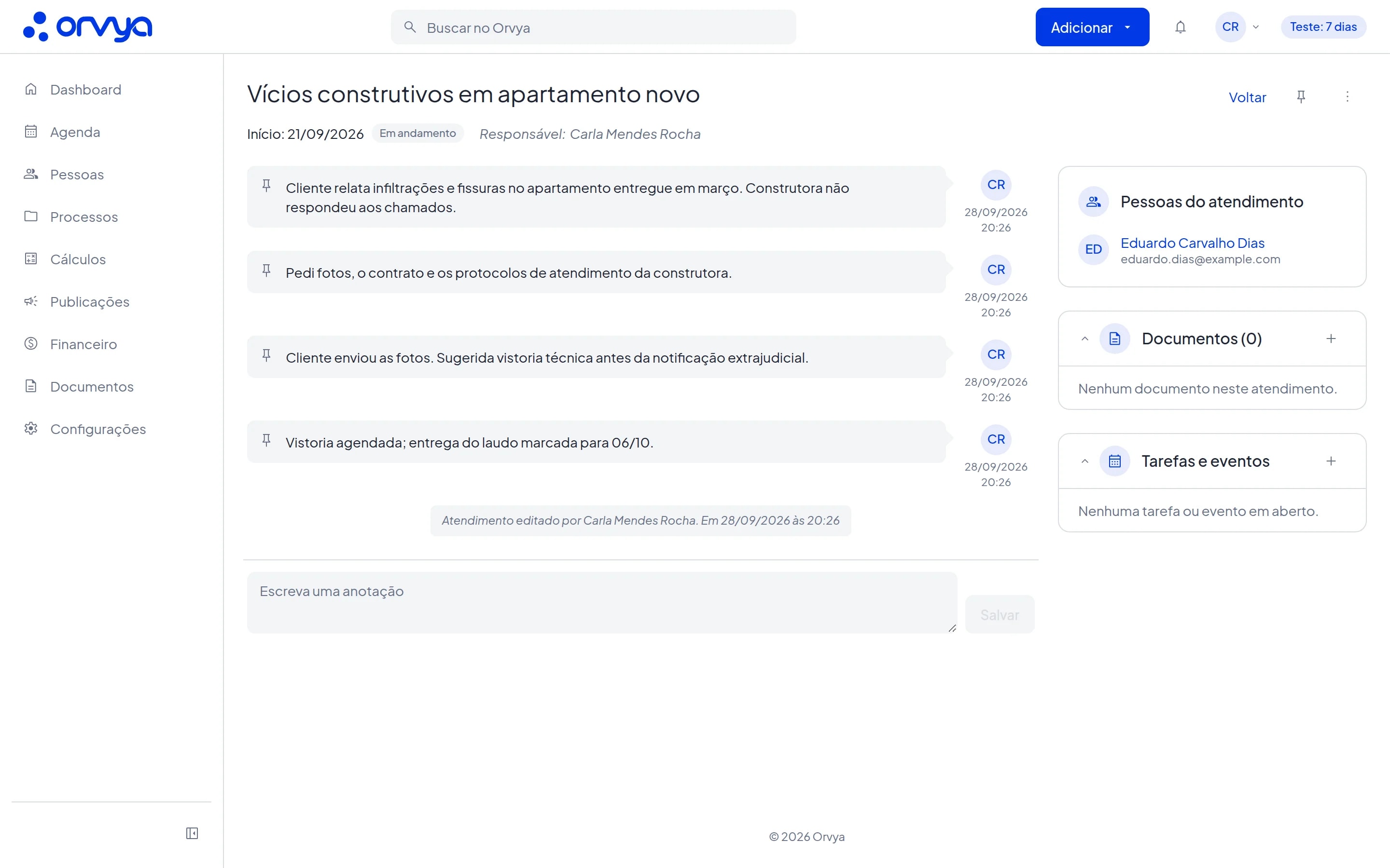 Anotações de um atendimento no Orvya