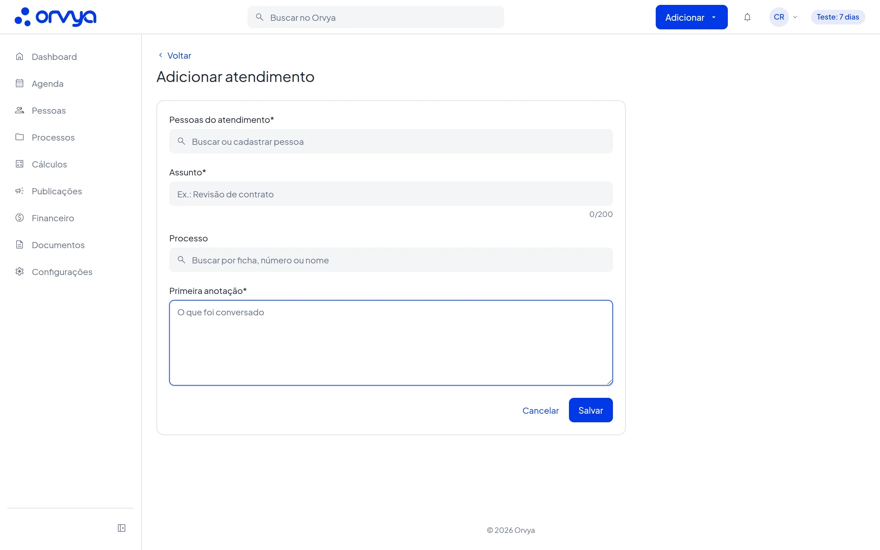 Página Adicionar atendimento