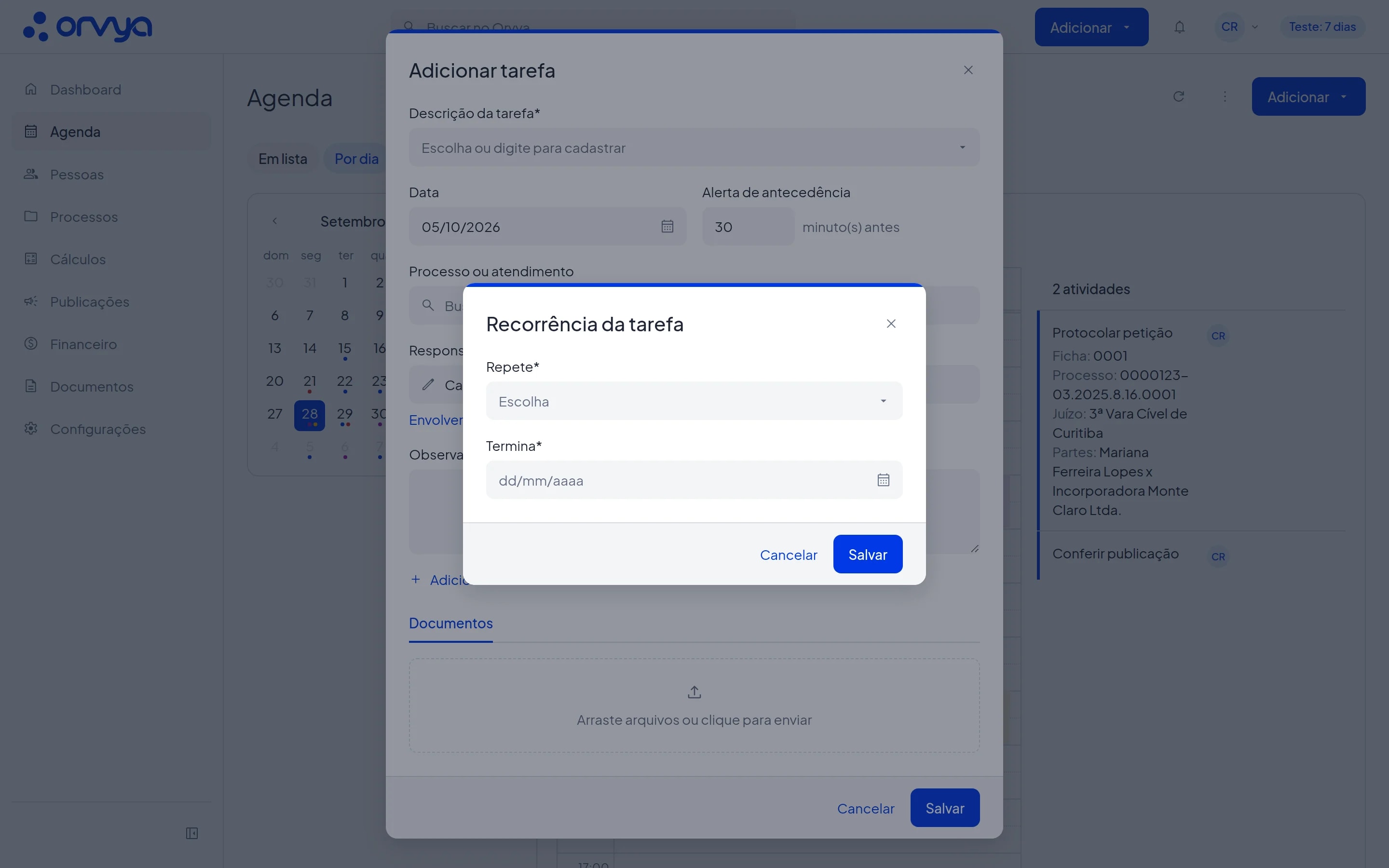 Modal Recorrência da tarefa aberto sobre o modal Adicionar tarefa