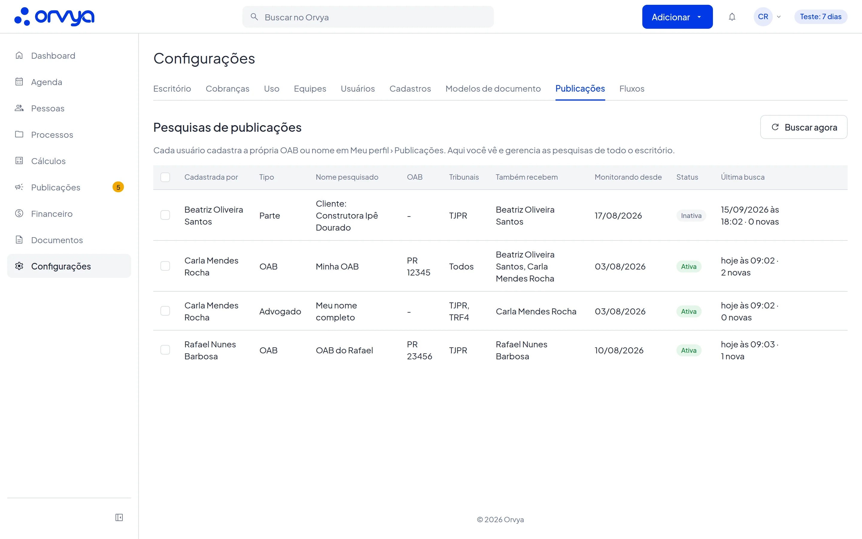 Tabela Pesquisas de publicações em Configurações