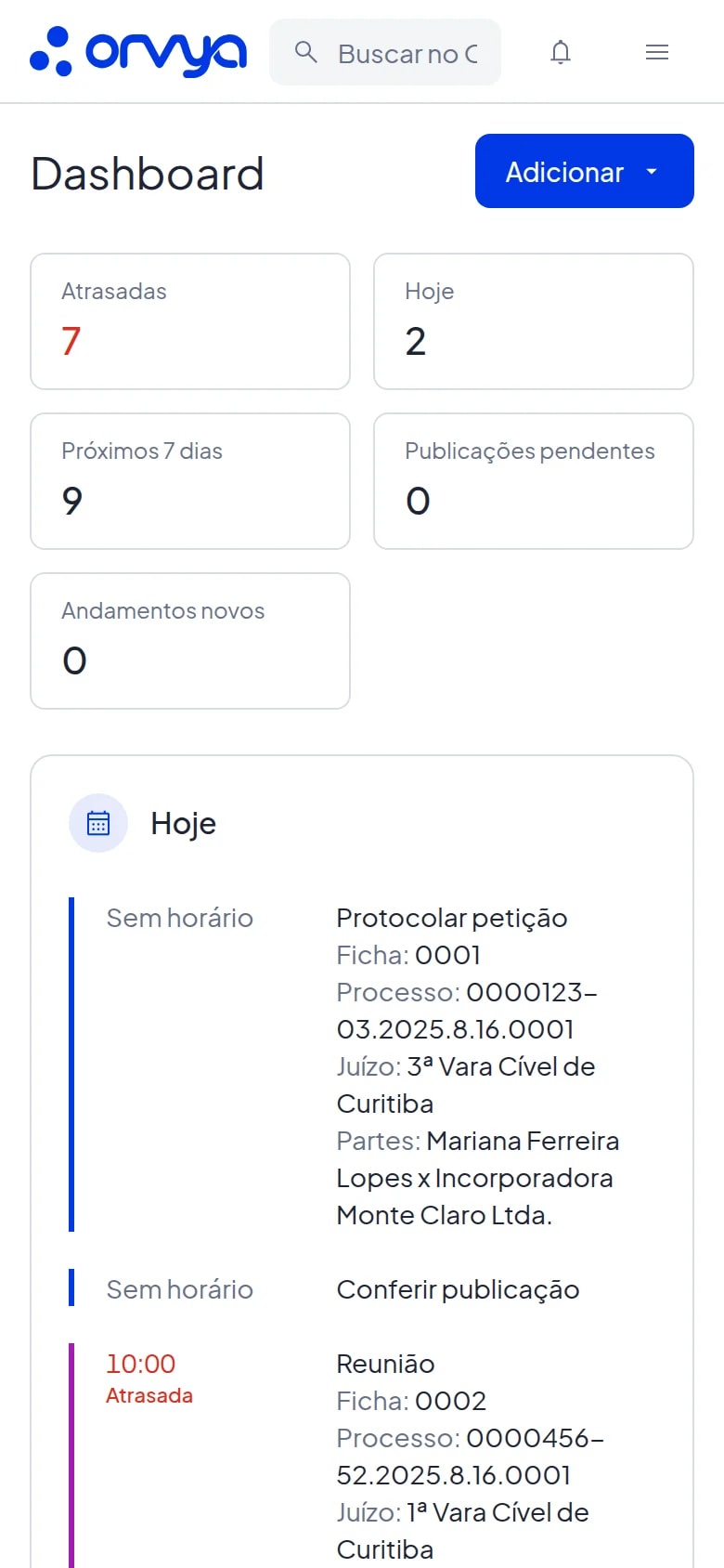 Dashboard do Orvya no celular