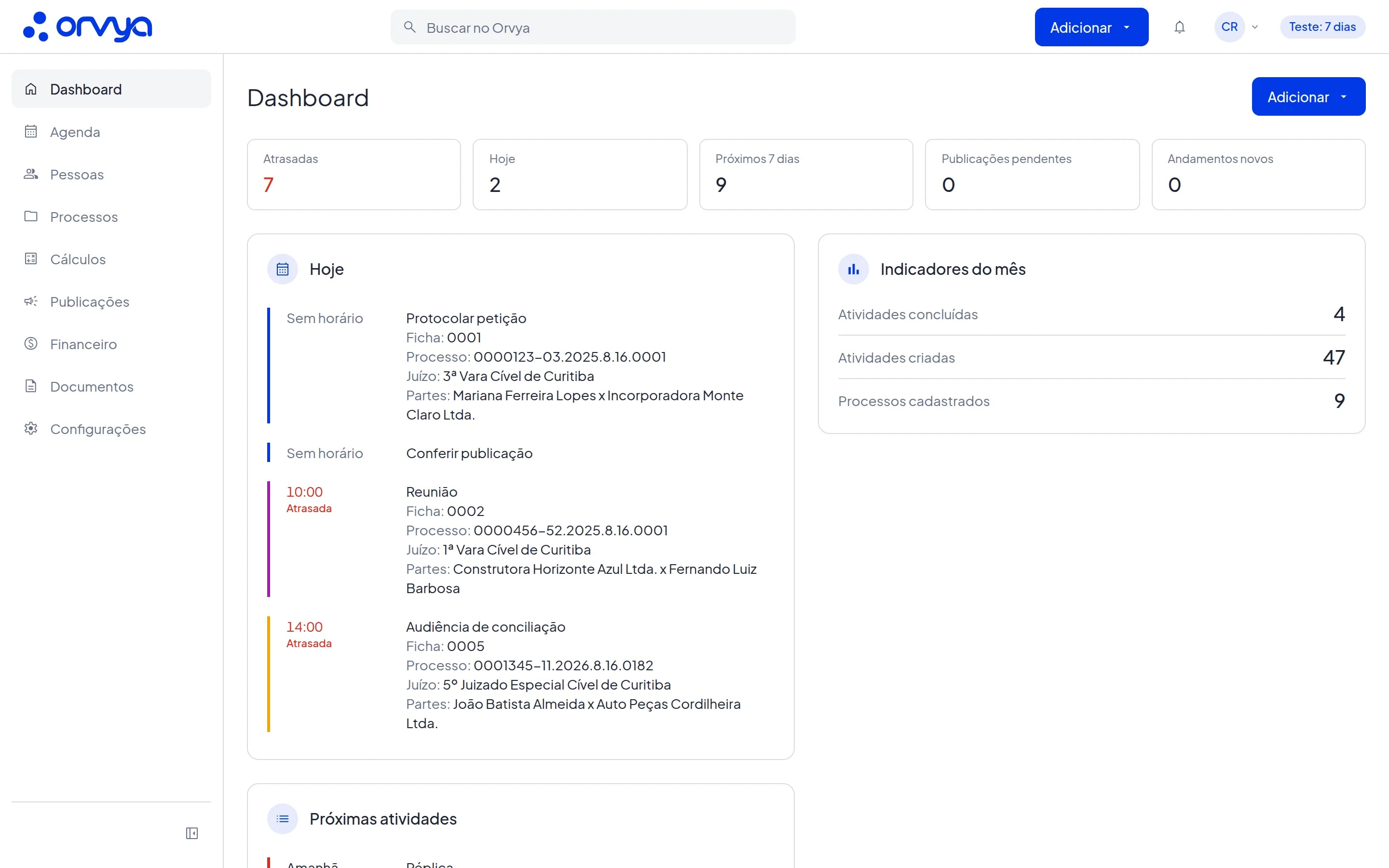 Dashboard do Orvya com o cabeçalho no alto