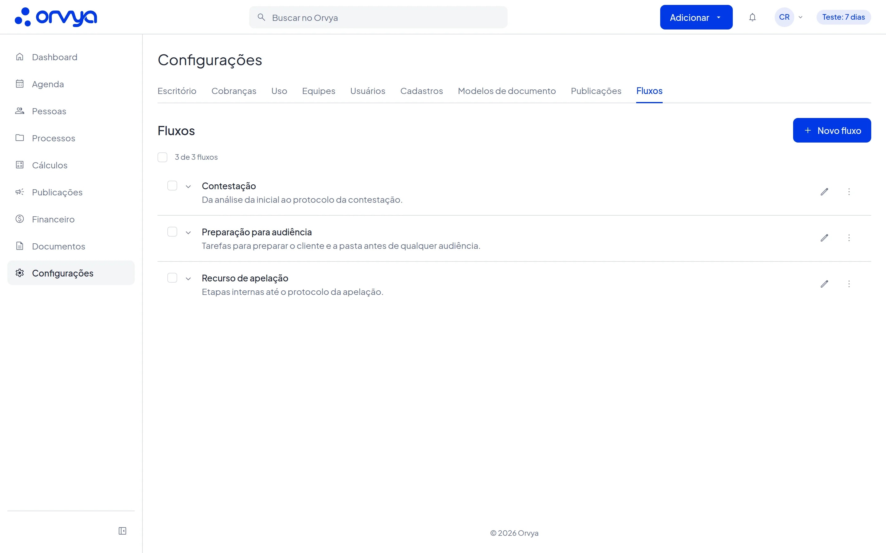 Aba Fluxos das Configurações com três fluxos na lista
