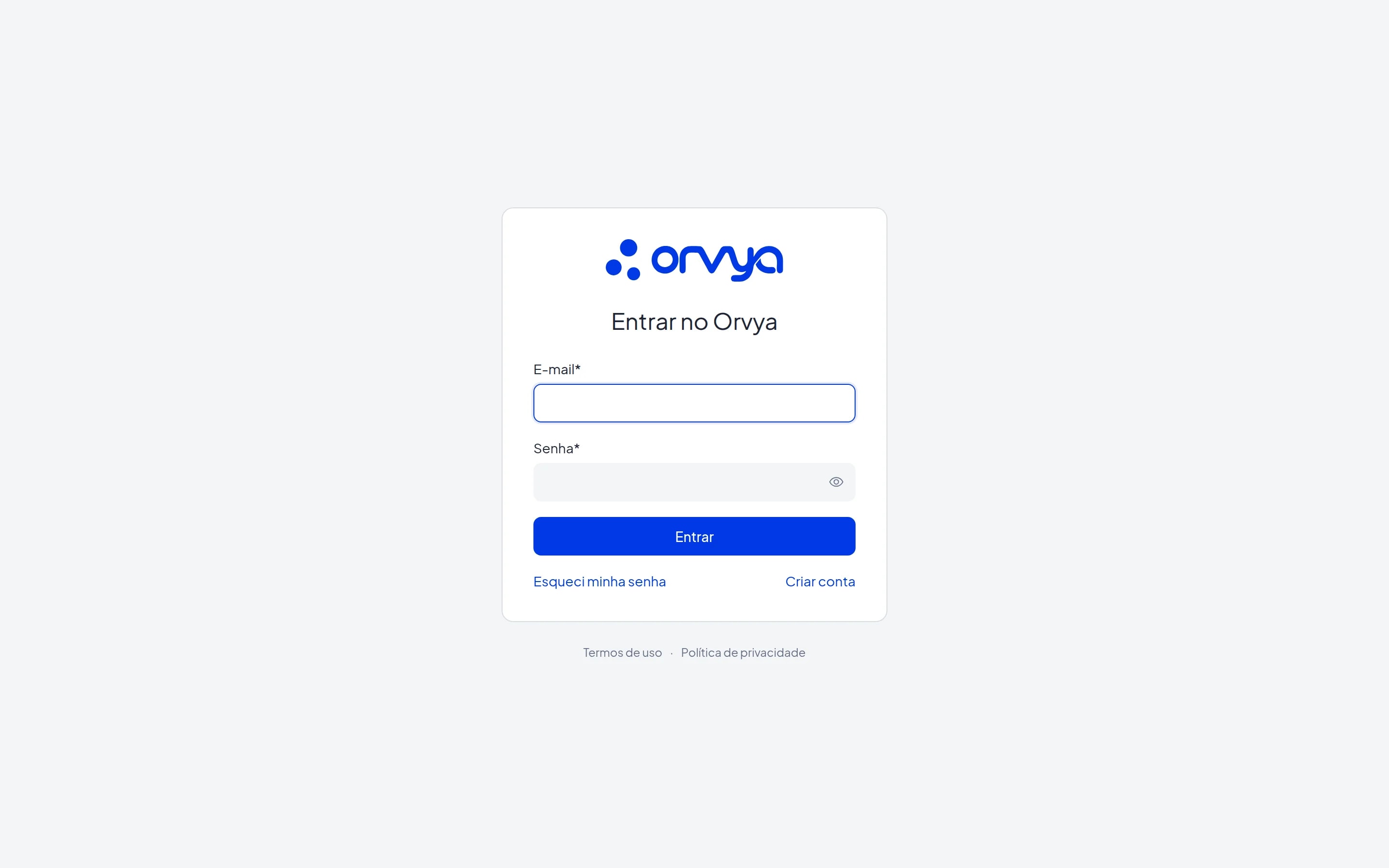 Tela Entrar no Orvya com os campos E-mail e Senha