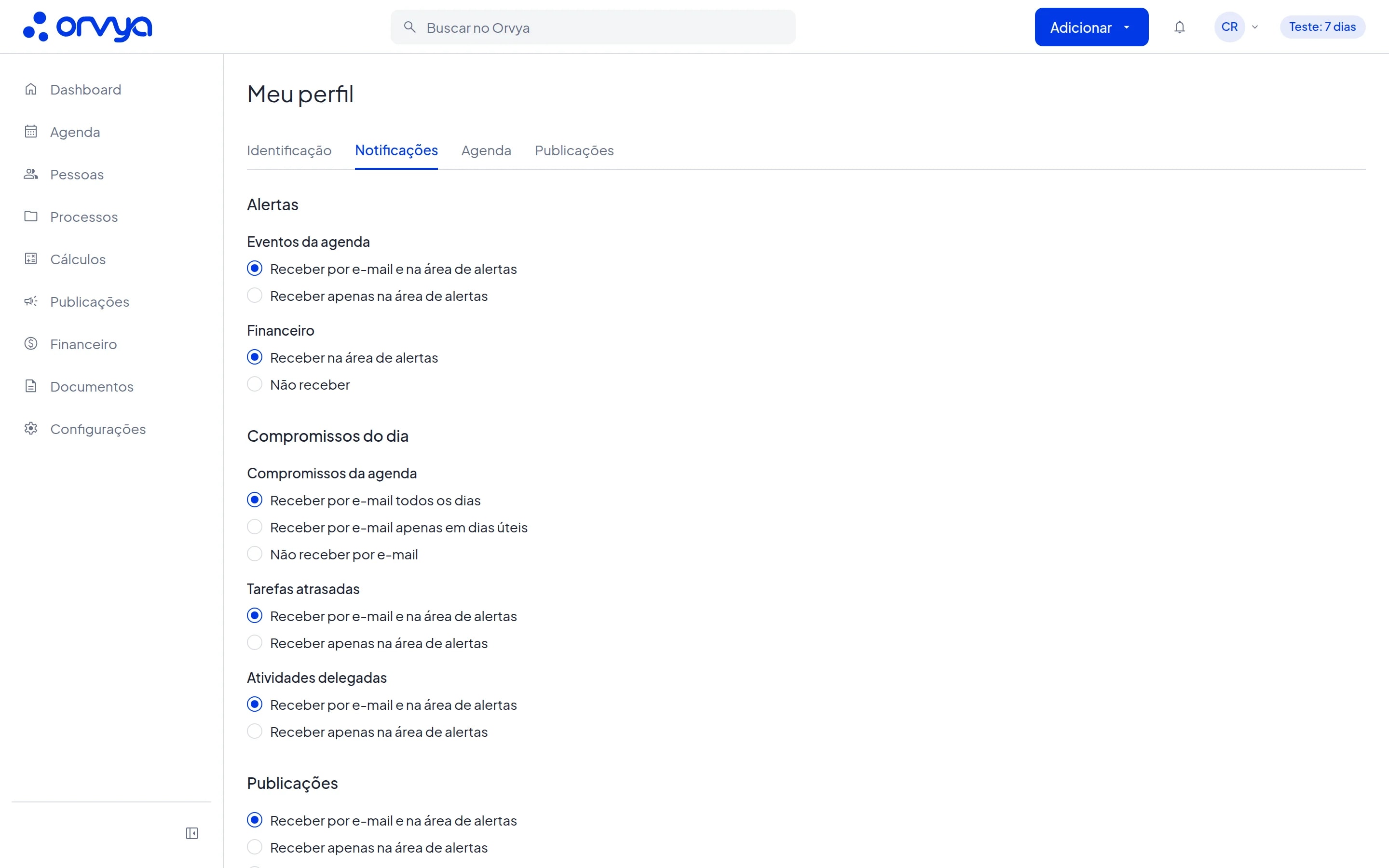 Aba Notificações de Meu perfil com as opções de cada aviso