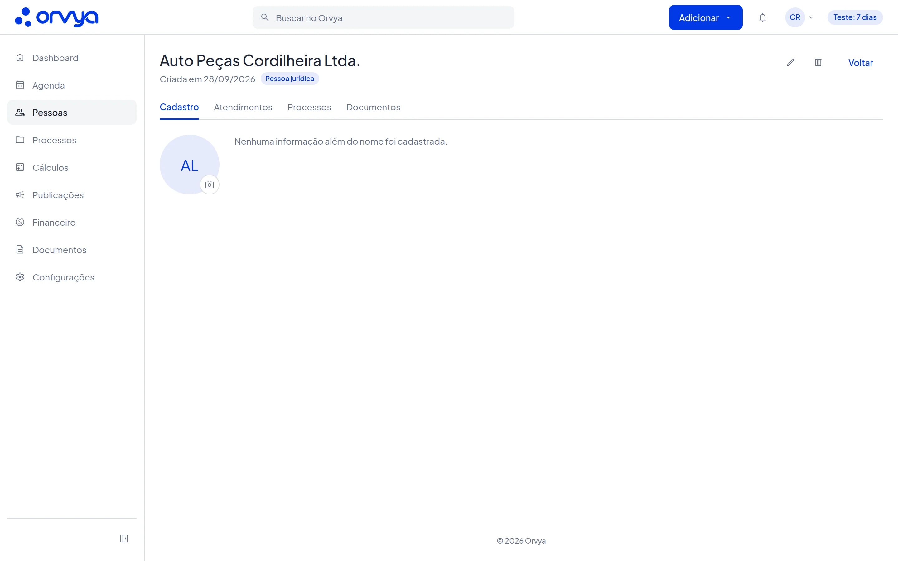 Topo da página de uma pessoa jurídica, na aba Cadastro