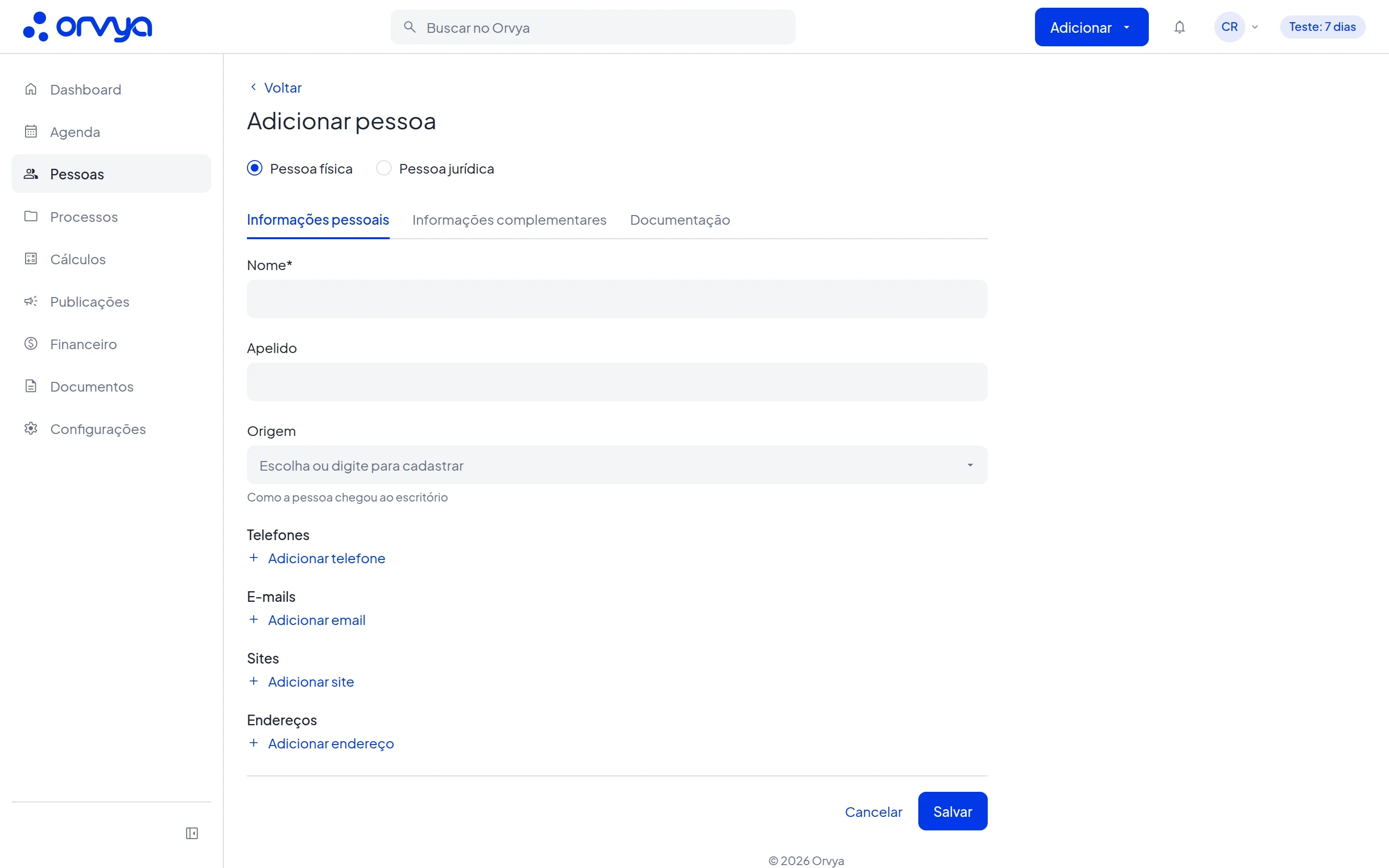 Formulário Adicionar pessoa na aba Informações pessoais