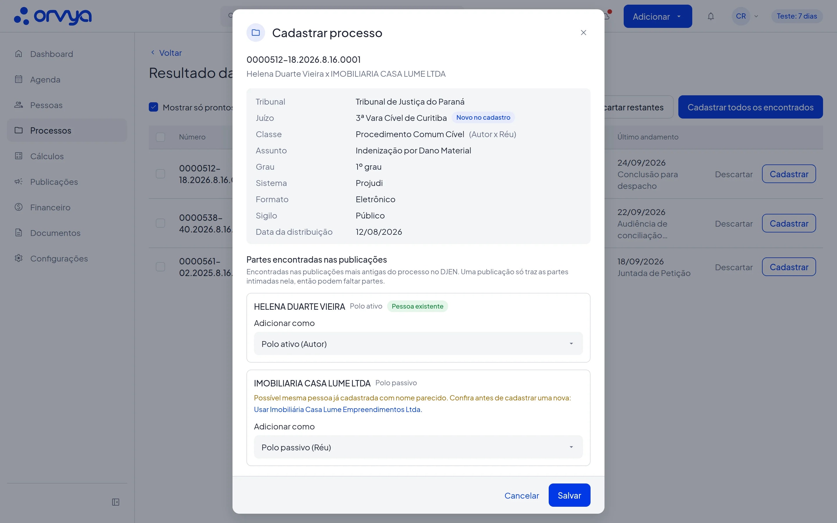 Modal Cadastrar processo com o resumo dos dados e as partes encontradas nas publicações