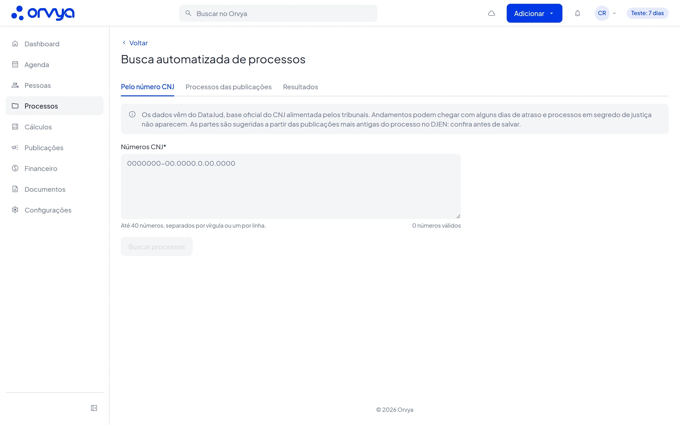 Página Busca automatizada de processos na aba Pelo número CNJ