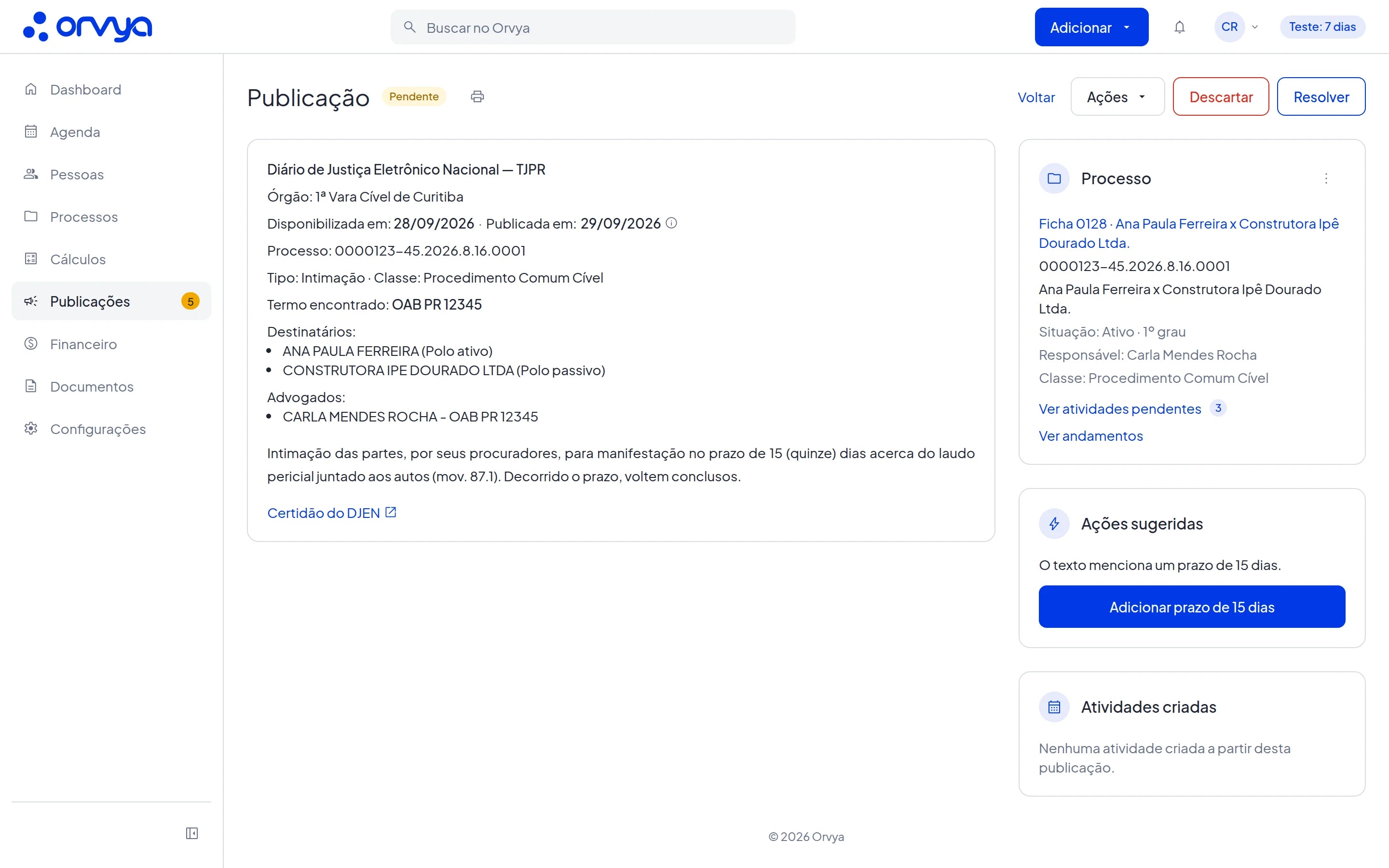 Página de uma publicação vinculada a um processo, com o texto à esquerda e os cards à direita