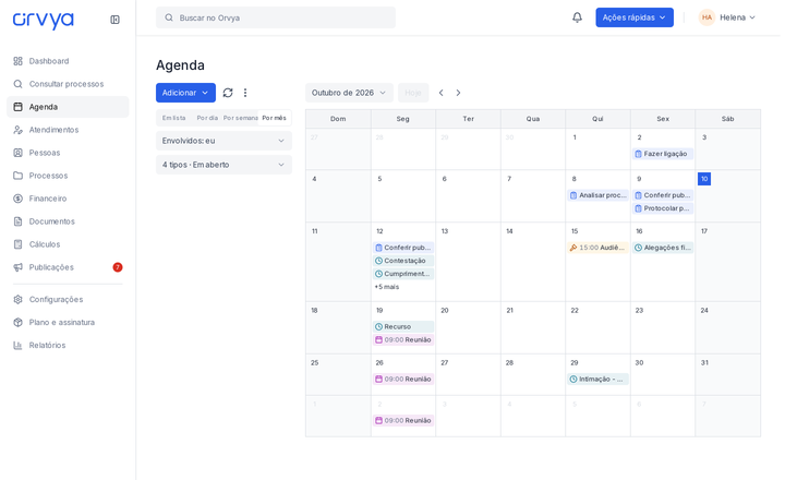 Agenda com seletores de período, visualização, envolvidos e situação.