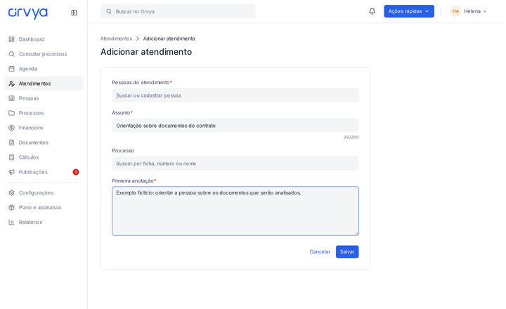 Adicionar atendimento com Pessoas do atendimento, Assunto e Primeira anotação.
