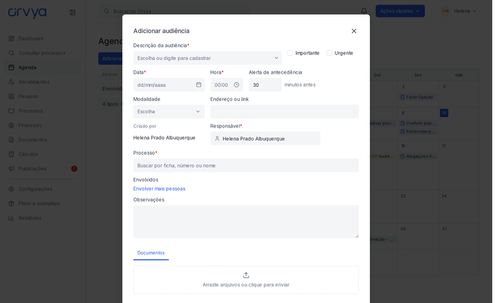 Modal Adicionar audiência com Data, Hora, Processo, Modalidade e Endereço ou link.