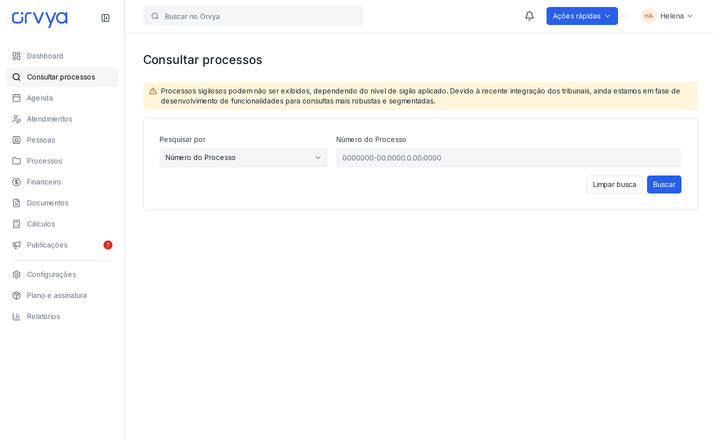 Consultar processos com seleção de pesquisa e botão Buscar.
