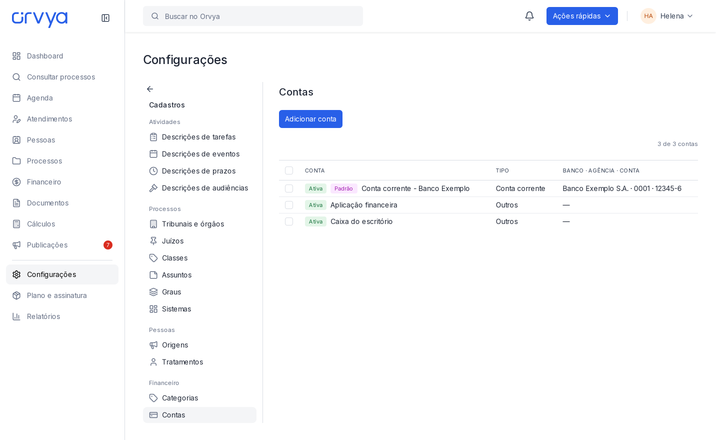 Lista de Contas com a conta padrão e contas fictícias.