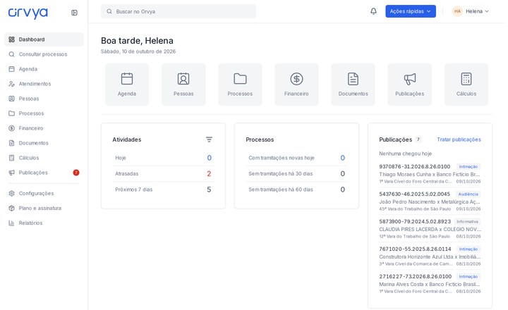 Dashboard com menu principal, atividades e indicadores do escritório fictício.