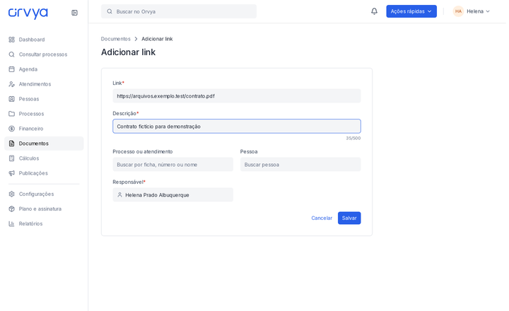 Adicionar link com descrição, vínculos e responsável.