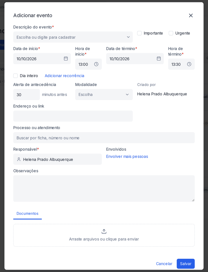 Modal Adicionar evento na Agenda, com datas de início e término e botão Salvar.