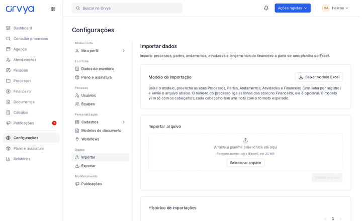 Importar dados com Baixar modelo Excel, seleção de arquivo e Validar arquivo.