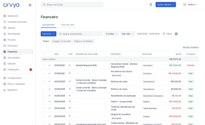 Financeiro em Lançamentos com filtros de período, contas e situação.