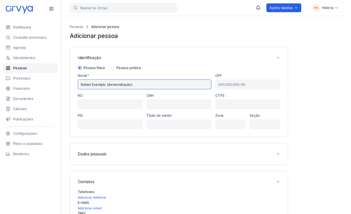 Formulário Adicionar pessoa, com tipo Pessoa física, Nome e seção Contatos.