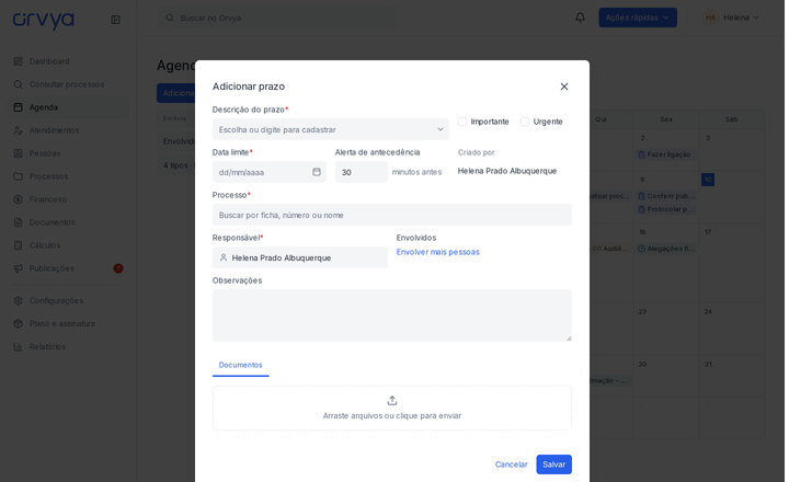 Modal Adicionar prazo com Data limite, Processo e Responsável.