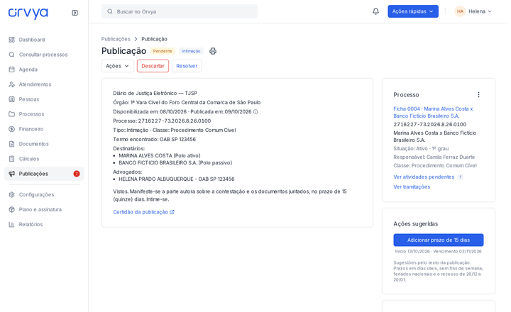 Detalhe de publicação com texto, processo e ações de tratamento.