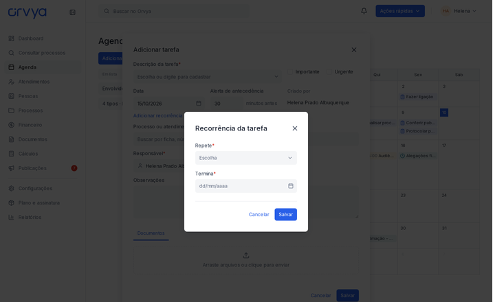 Modal Recorrência da tarefa com os campos Repete e Termina.