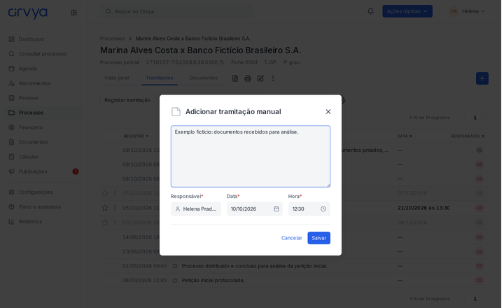 Adicionar tramitação manual com texto, Responsável, Data e Hora.